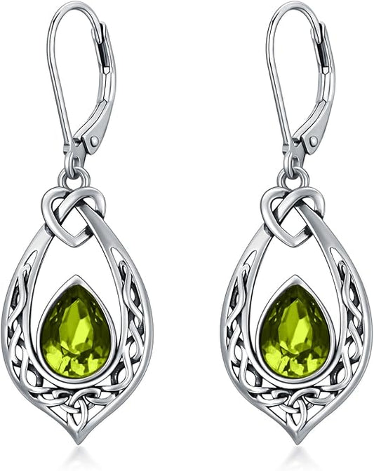 Celtic Knot Dangle Earrings 925 Sterling Silver Oxidized Vintage Drop Leverback Earrings with 8 * 6mm Simulated Birthstone Crystal Christmas Jewelry Gifts for Women (Gift Box)
