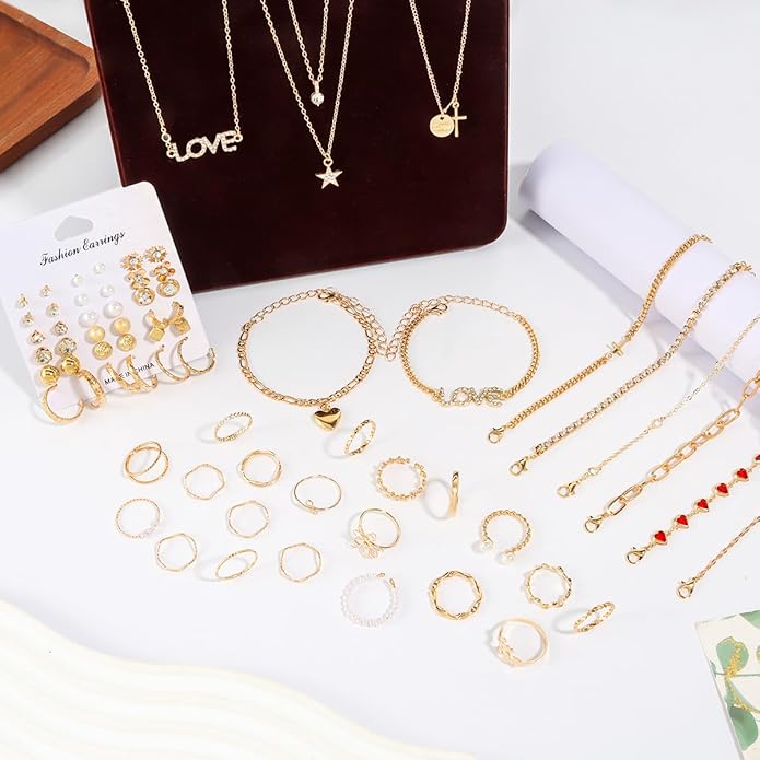 HaHaGirl Golden Collection Fashion Jewelry Set Stocking Stuffers, Layered Necklaces, Bracelets, Earrings, Rings, Modern Contemporary Style for Women