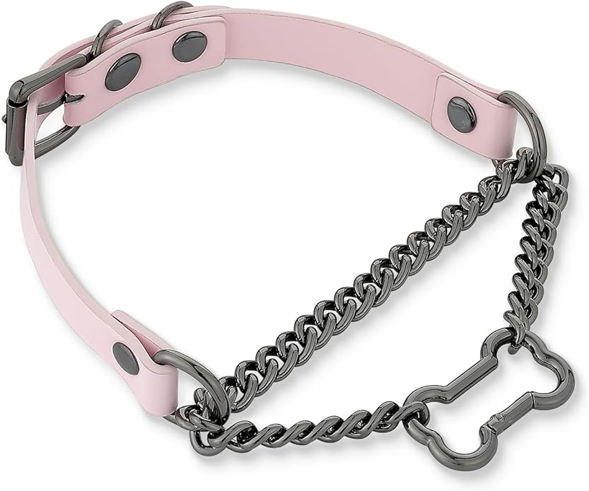 Black/Pink Leather Choker Collar For Women, Handmade Gothic Slip Chain Necklace with Bone Clasp