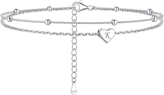 ChicSilver Sterling Silver Anklets for Women 925 Ankle Bracelets for Women Layered Heart Anklet With Beaded Anklets for Women