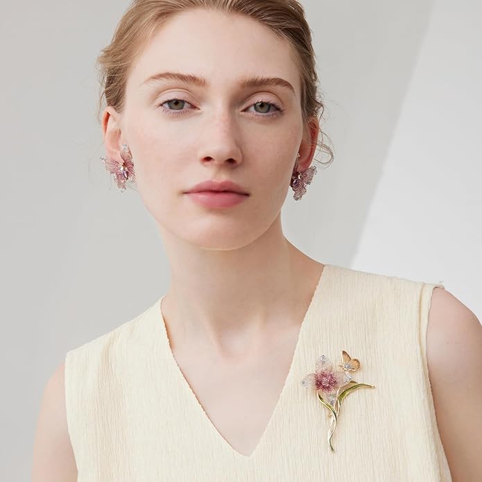 Handmade Embroidery Flower Brooch Pins for Women, SHE'S FREE STYLE JUST FOR YOU Luxury Gradient Stitching Floral Brooch Pins with Crystal stamen, Enamel Metal Butterfly with Green Leaves, Hand Dripping Oil Jewelry pins