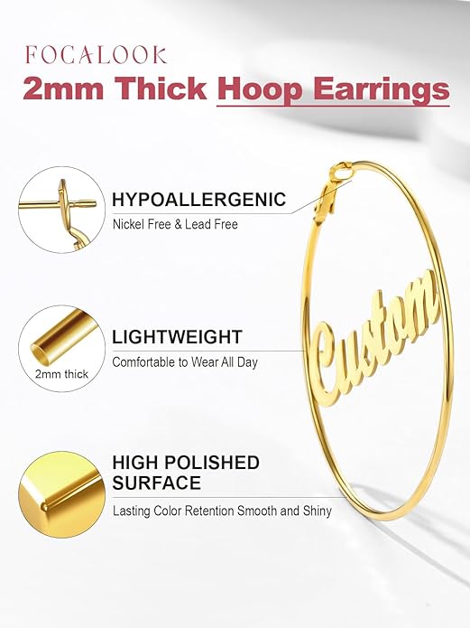 FOCALOOK 14K Gold Plated Lightweight Large Hoops| 2mm Thin Hoop Earrings for Women 30/40/50/70/100mm