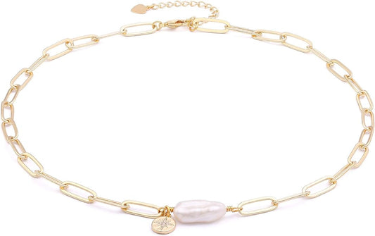 Aobei Pearl 18K Gold Plated Paperclip Chain Choker Satellite Chain Freshwater Cultured Biwa Pearl Pendant Necklace Dainty Jewelry for Women
