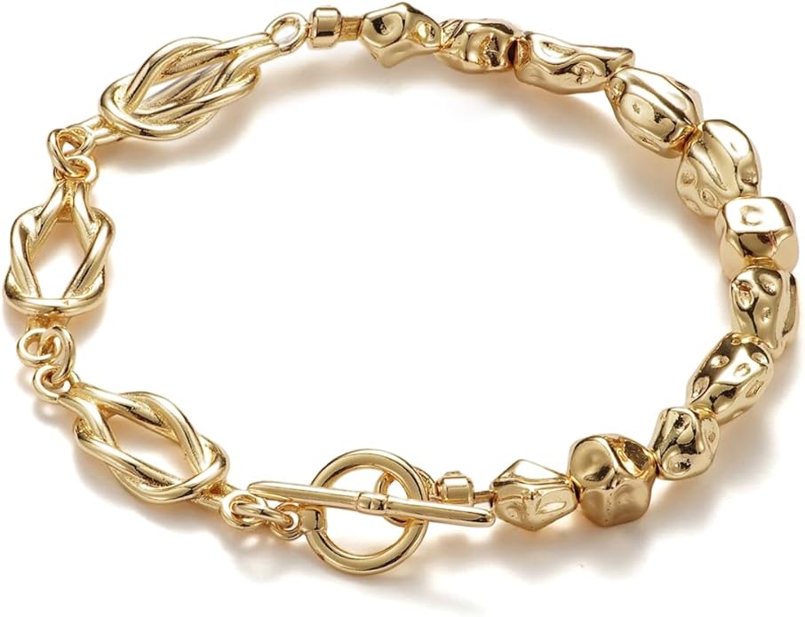 14K Gold Bracelets for Women, Love Knot & Organic Shape Bead Bracelets, Small Wrist Waterproof Gold Plated Toggle Bracelet, Modern Statement Jewelry Gifts for Women Mother Daughter