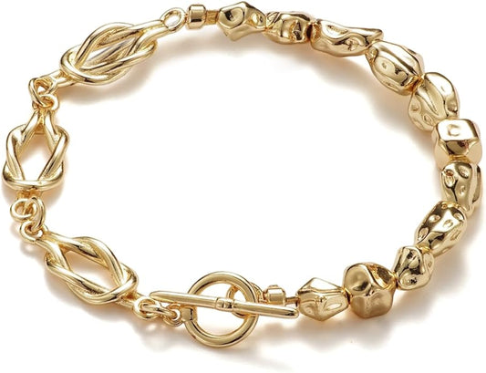 14K Gold Bracelets for Women, Love Knot & Organic Shape Bead Bracelets, Small Wrist Waterproof Gold Plated Toggle Bracelet, Modern Statement Jewelry Gifts for Women Mother Daughter