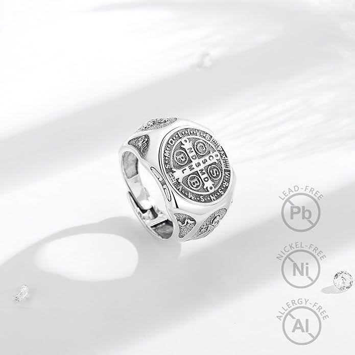 EUDORA S925 Sterling Silver St Benedict Ring San Benito Rings for Women Men, Vintage Ankh Cross Ring Saint Benedict Amulet Adjustable Rings Gifts for Women Mens Father Mother