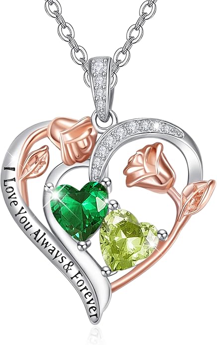 Zeuslia Double Birthstone Necklace Gifts for Wife - 925 Sterling Silver Sunflower/Rose/Crown Cross/Compass/Heart Pendant I Love You Necklace, Anniversary Birthday Gifts for Wife Girlfriend Mom Her