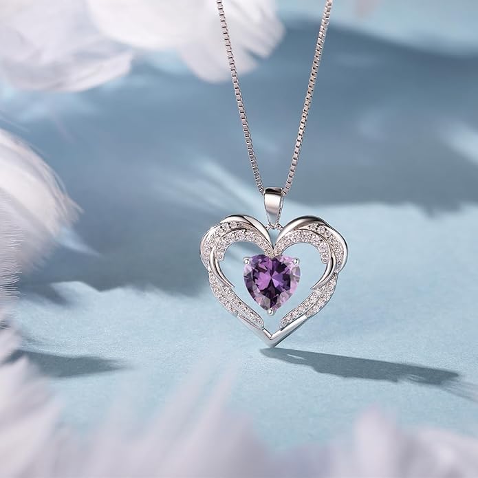 Heart Necklaces Valentine's Gift for Women, Birthstone 925 Sterling Silver Angel Wings Love Pendant Necklaces for Women, Jewelry Gifts for Wife, Anniversary, Mother's day