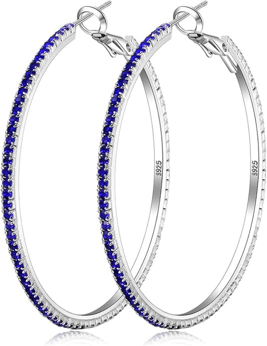 925 Sterling Silver Earrings Large Rhinestone Hoop Earrings Big Cubic Zirconia Hoop Earrings Thin Rhinestones Round Hoop Earrings for Women 20/30/40/50/60/70mm Sparkly Hoops With Crystals for Womens