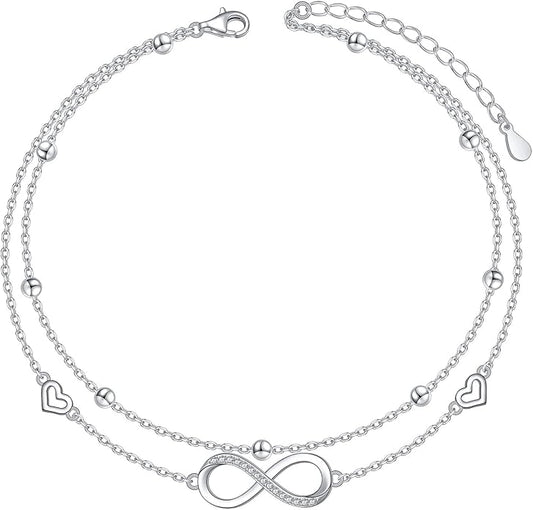 Anklet for Women S925 Sterling Silver Adjustable Foot Evil Eye Starfish Heart Bead Butterfly Celtic Knot Cross Multilayer Layered Ankle Bracelet Jewelry