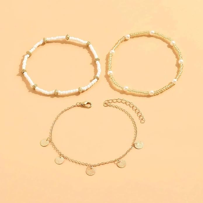 Shell Ankle Bracelet Set for Women, Gold Plated Boho Bead Adjustable Anklet, Hawaiian Beach Seashell Pearl Heart Starfish Conch Foot Jewelry Gifts