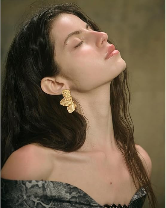 Chunky Gold Statement Earrings For Women Gold Plated Sectored Flower Leaf Shell Angel Wing Earrings Large Stud Earrings Hypoallergenic Earrings