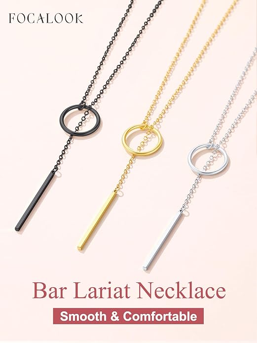 FOCALOOK Long Necklaces for Women 14K Gold Plated Dainty Drop Bar Pendant Lariat Y-Shaped Necklace Earring Set 28inch/73cm