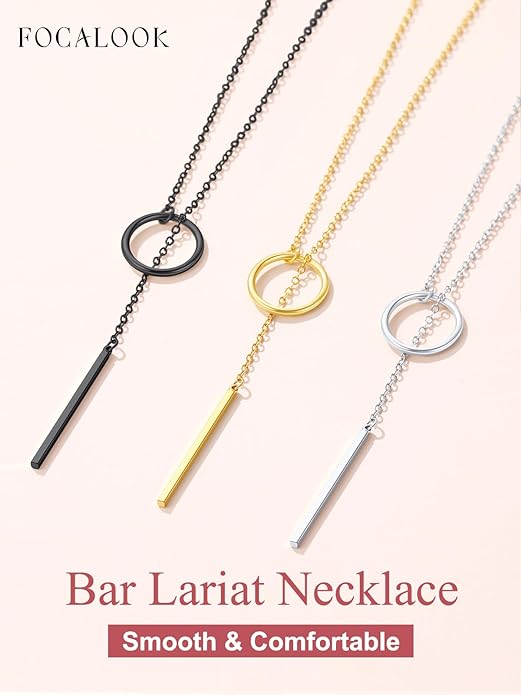 FOCALOOK Long Necklaces for Women 14K Gold Plated Dainty Drop Bar Pendant Lariat Y-Shaped Necklace Earring Set 28inch/73cm
