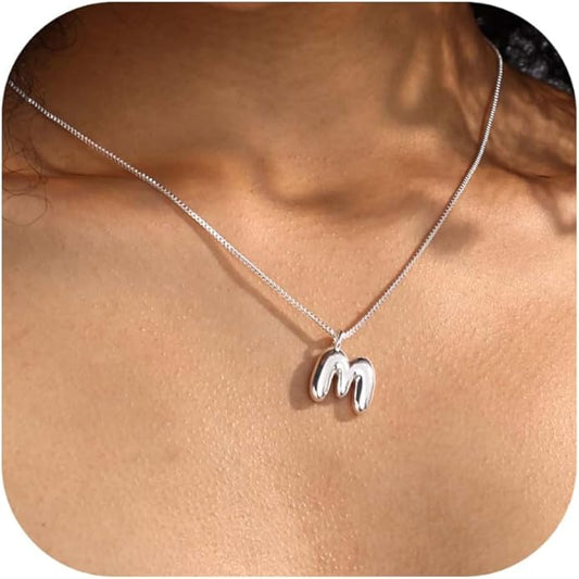Bubble Gold Silver Letter Necklace Initial Necklaces for Women Trendy 14K Dainty Charm Pendant Name Necklace Personalized Jewelry Gift for Women Teen