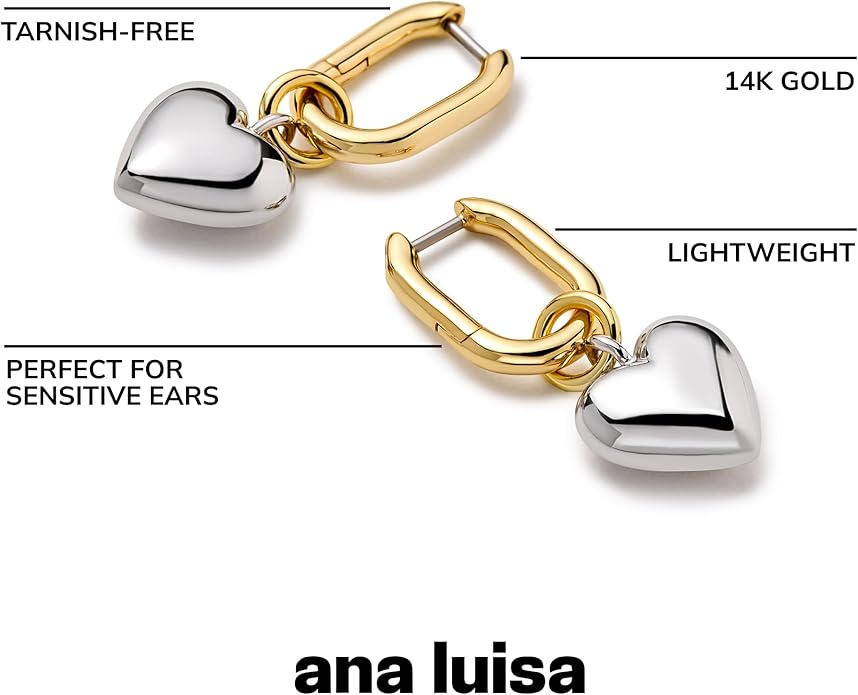Ana Luisa Puffed Heart Earrings - Heart Charm Huggie Hoops and Earring Stud Styles - Dainty 14K Gold Plated, Silver Rhodium Plated & Mixed Metal Silver & Gold Earrings - Hypoallergenic Water-Resistant