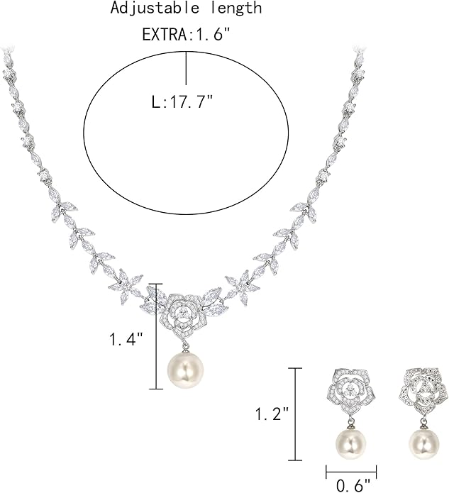 EleQueen Women's Simulated Pearl Wedding Jewelry Set, Cubic Zirconia Marquise Floral Bridal Necklace Earrings Bracelet Sets