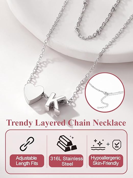FOCALOOK Layered Initial Necklace for Women, 14K Gold Plated Choker Necklaces Stacks with Initial A-Z, Dainty Silver Heart Pendant Necklace Personalized Birthday Women Jewelry