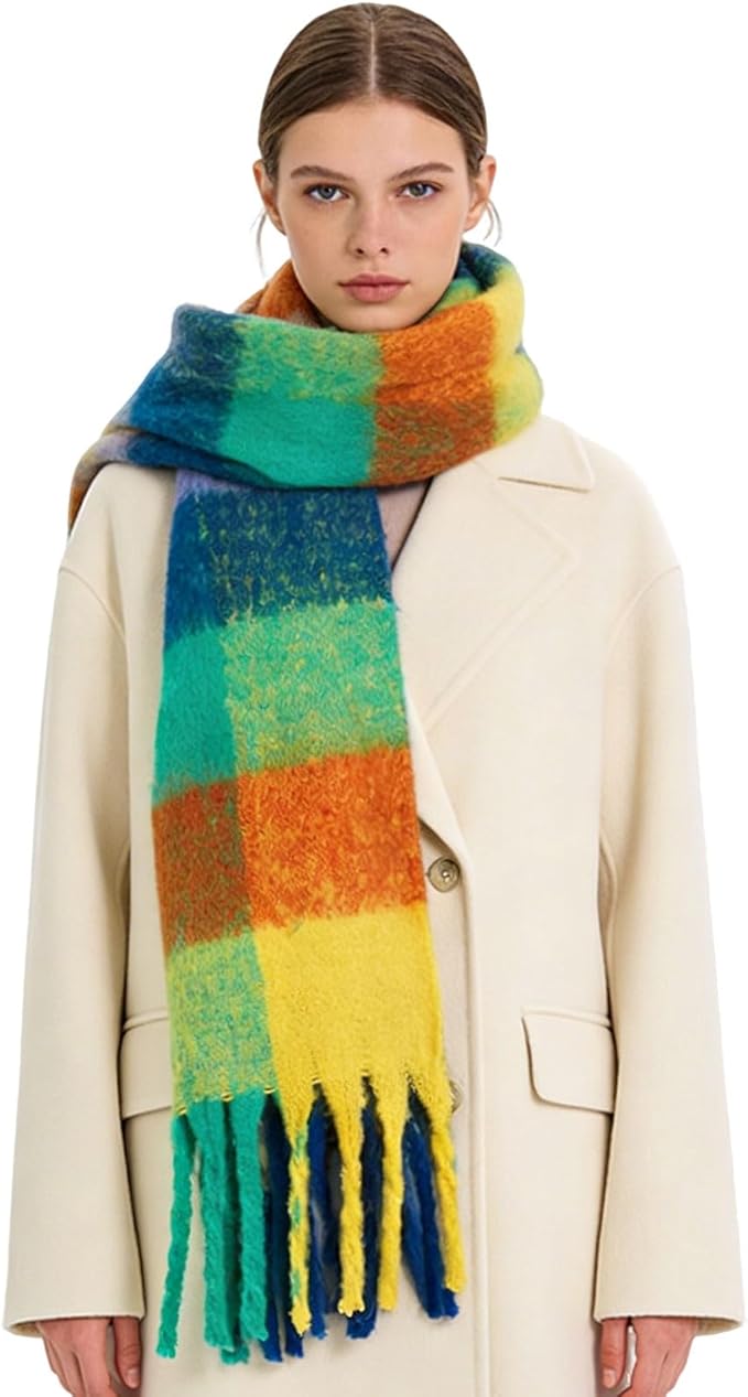 SHOHOKU Large Chunky Plaid Scarf Coloured Checked Oversized Scarf Tassel Soft Fall Winter Thick Warm Shawl Women
