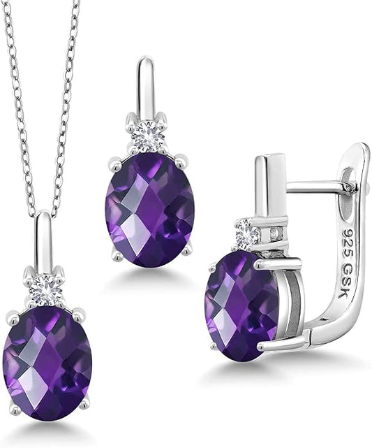 Gemstone Birthstone and White Created Sapphire Pendant and Earrings Jewelry Set for Women in 925 Sterling Silver | Oval 8X6MM and Round 2.5MM | With 18 Inch Chain | Fine Jewelry for Her Mom Women Wife