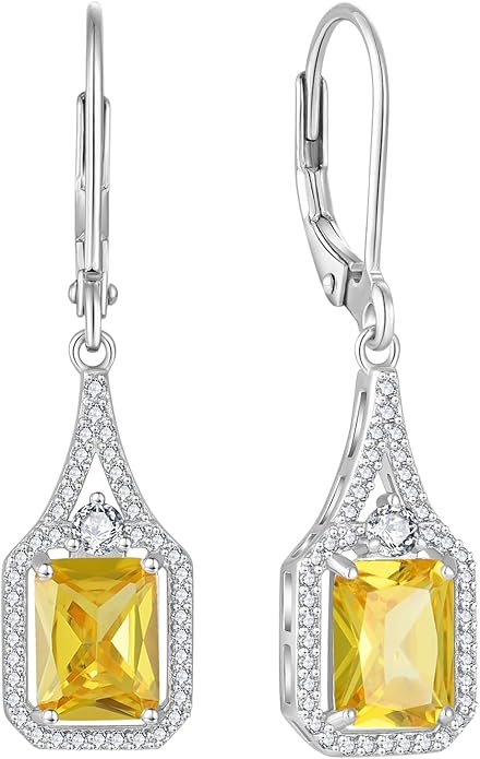 Emerald Cut Dangle Drop Earrings 925 Sterling Silver Halo Rectangular Leverback Earrings Birthstone Jewelry for Women
