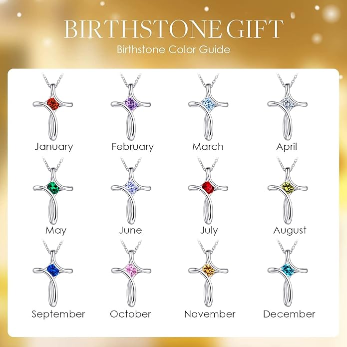 NINAMAID Cross Necklace for Women, 925 Sterling Silver Birthstone Necklace for Women with Diamond Sideways Cross Necklaces Birthstone Jewelry Birthday Gifts for Womens