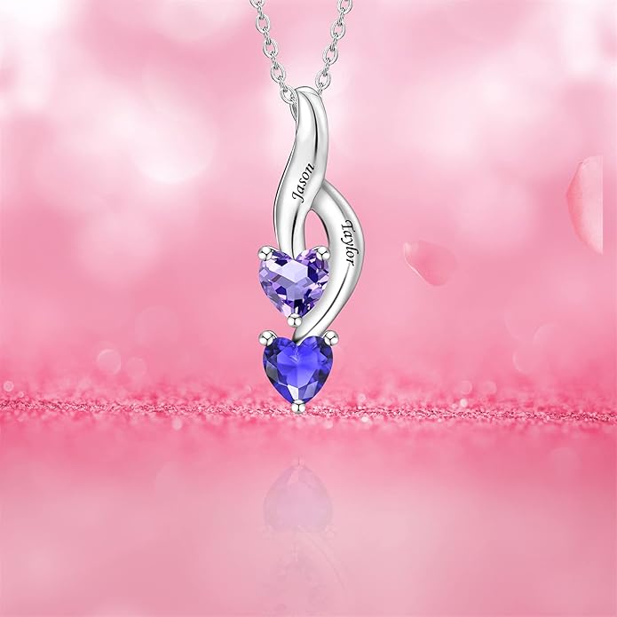 MissNaNa Sterling Silver Personalized Mothers Necklace with Simulated Birthstones Engraved 1-6 Children Names Custom Love Heart Pendant Family Necklace for Women Mother's Day Birthday