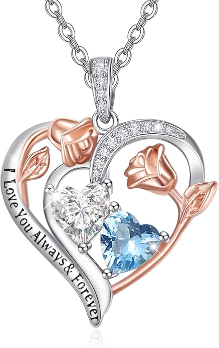 Zeuslia Double Birthstone Necklace Gifts for Wife - 925 Sterling Silver Sunflower/Rose/Crown Cross/Compass/Heart Pendant I Love You Necklace, Anniversary Birthday Gifts for Wife Girlfriend Mom Her
