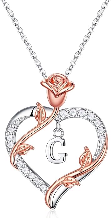 Rose Heart Initial Necklace Gifts for Women Girls, Letter Pendant Necklaces for Women Jewelry Anniversary Birthday Gifts for Her Wife Girlfriend Teen Girls