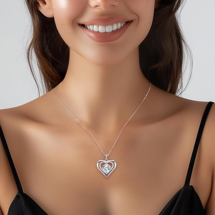 Moissanite Heart Pendant Necklaces for Women, 925 Sterling Silver Necklace Engraved with 'I LOVE YOU', Ideal Anniversary Birthday Christmas Valentine Mothers Day Jewelry Gifts for Mom Wife Girlfriend Daughter Her