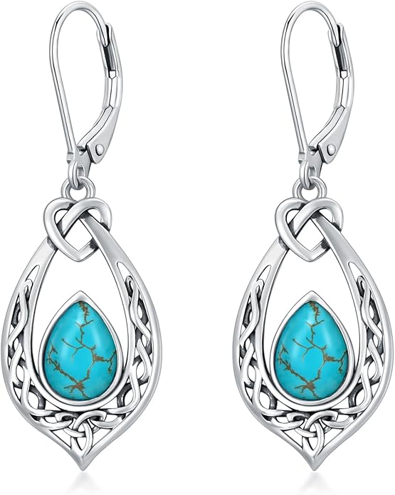 Celtic Knot Dangle Earrings 925 Sterling Silver Oxidized Vintage Drop Leverback Earrings with 8 * 6mm Simulated Birthstone Crystal Christmas Jewelry Gifts for Women (Gift Box)