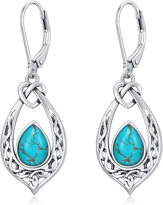 Celtic Knot Dangle Earrings 925 Sterling Silver Oxidized Vintage Drop Leverback Earrings with 8 * 6mm Simulated Birthstone Crystal Christmas Jewelry Gifts for Women (Gift Box)