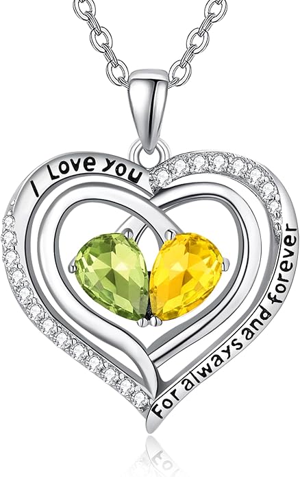 Zeuslia Double Birthstone Necklace Gifts for Wife - 925 Sterling Silver Sunflower/Rose/Crown Cross/Compass/Heart Pendant I Love You Necklace, Anniversary Birthday Gifts for Wife Girlfriend Mom Her