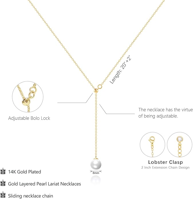 Luxval Lariat Gold Necklace for Women, Dainty Long Necklace 14k Gold Plated/Silver Y-Shaped Pendant Necklaces Trendy Beaded Chain Drop Necklaces Jewelry for Women Gifts