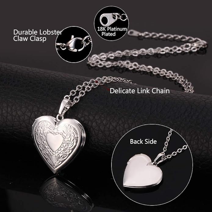 U7 Women Locket Necklace Platinum 14K Gold Photo Lockets that Hold Picture,Chain 20 Inch Personalized Gift Custom Love Heart Image Necklaces
