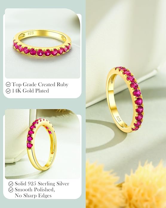 CAIDIKA Created Ruby/Sapphire/Emerald Stackable Rings for Women 14K Gold Plated/ 925 Sterling Silver 2.2mm Wedding Band Ring (with Gift Box)