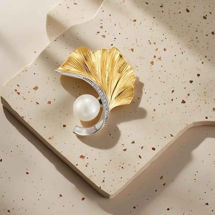 Gold Ginkgo Leaf Brooch Yellow Flower Lapel Pin Blazer Dress Jacket Suit Clothing Jewelry Vintage Inspired Birthday Festival Gift for Women