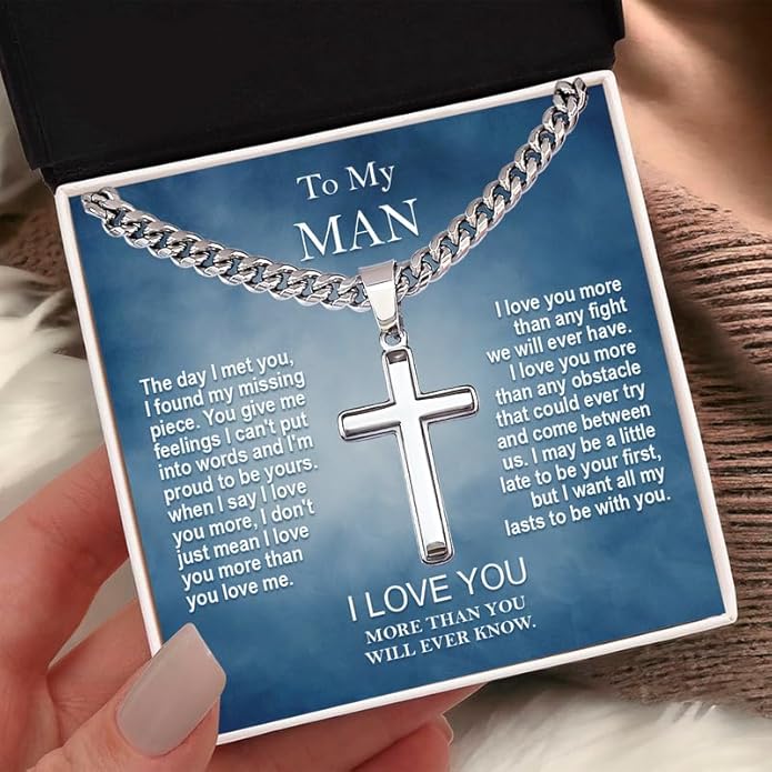 SUTERY Cross Cuban Chain Necklace - Promise Necklace for Him, Necklace for Boyfriend, Mens Necklace for Fiance, Valentine's Day