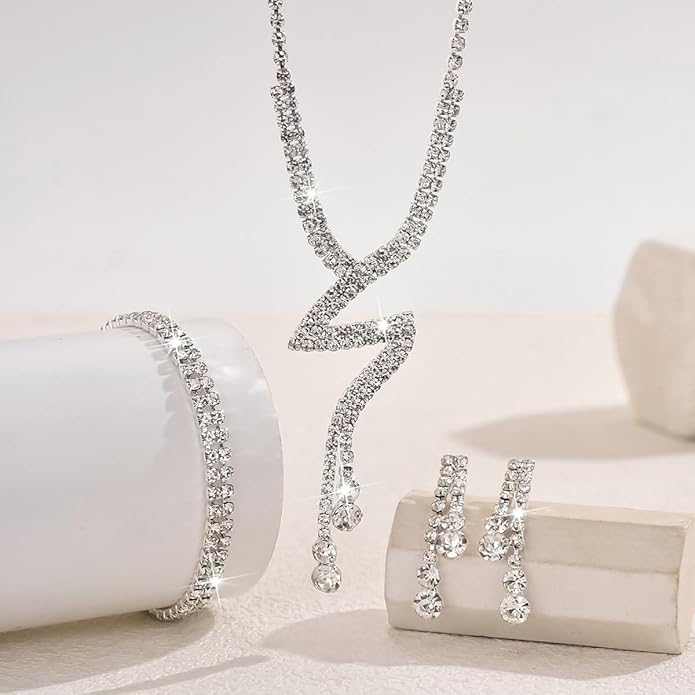 MIFYNN Rhinestone Wedding Set for Women Sparkle Crystal Earrings Necklace Bracelet Jewelry Set Wedding Party Prom Jewelry Set for Brides Bridesmaid