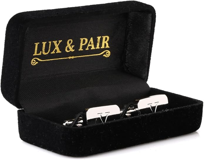 18K White-Gold Plated Initial Engraved Stainless Steel Men’s Cufflinks With Gift Box -Personalized Alphabet Letter’s A-Z By Lux & Pair