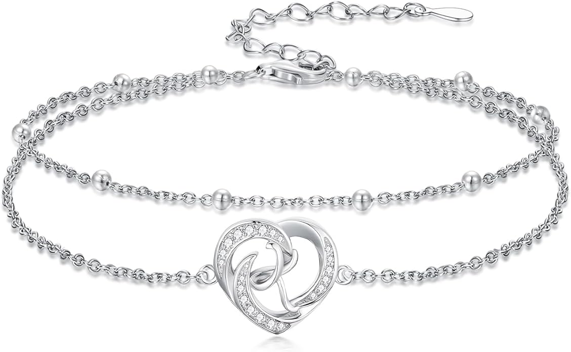 Dorunmo Initial Anklet 925 Sterling Silver Letter A-Z Layered Heart Anklet Beach Jewelry Birthday Gifts for Women