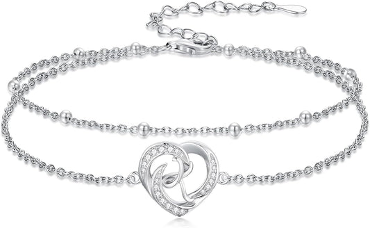 Dorunmo Initial Anklet 925 Sterling Silver Letter A-Z Layered Heart Anklet Beach Jewelry Birthday Gifts for Women