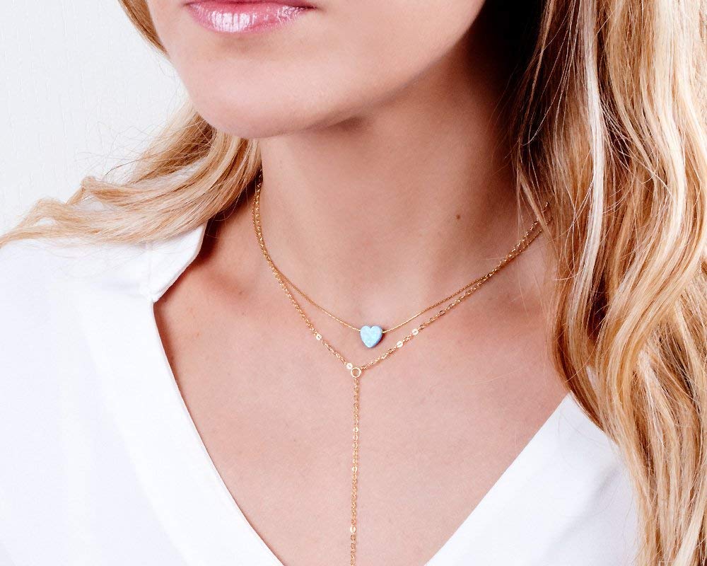 Blue Opal Heart on 14K Gold Filled Choker Necklace - Designer Handmade Thin Collar for Women - Length: 13.5 inch + 3 inch Extender (gold filled, blue)