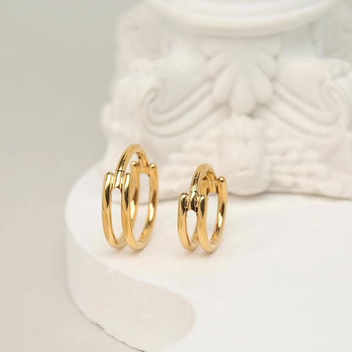 2 PCS Small Cartilage Double-Hoop Helix Conch Piercing Earrings With Cubic Zirconia For Women Trendy 14K Gold Plated Titanium Surgical Stainless Steel Sets Jewelry