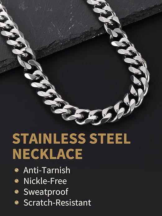 FindChic Cuban Link Chain for Men, 6/9/12mm Necklace Chain, Black/Gold Plated/Stainless Steel Necklace, Hypoallergenic & Tarnish-Proof Men's Jewelry Hip Hop Accessories, 18-30" Length Options