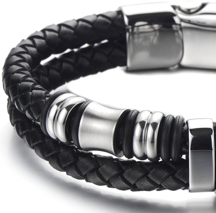 COOLSTEELANDBEYOND Mens Double-Row Braided Leather Bracelet Bangle Wristband with Stainless Steel Ornaments