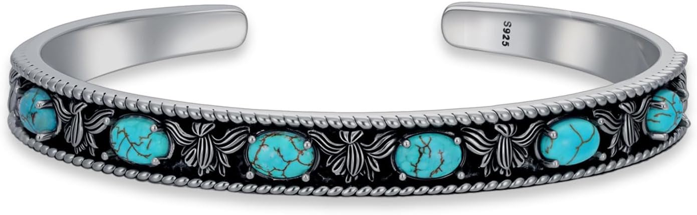 Native American Genuine Turquoise Cuff Bracelet for Women 925 Sterling Silver Turquoise Boho Bangle Adjustable Fit for 6.5 to 7.5 Inch