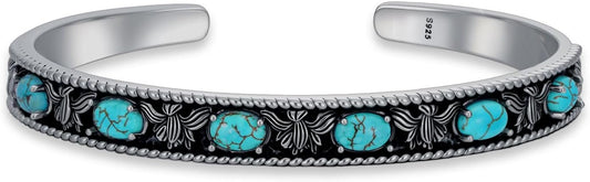 Native American Genuine Turquoise Cuff Bracelet for Women 925 Sterling Silver Turquoise Boho Bangle Adjustable Fit for 6.5 to 7.5 Inch