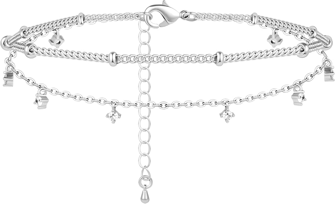 Sterling Silver Anklet Bracelets for Women Waterproof, 925 Sliver Plated CZ & Heart Charm Dainty Layer Anklets for Women Trendy, Simple Chain Anklets Set Gifts for Women, Jewelry Gifts for Her Women Mom Wife Girlfriend