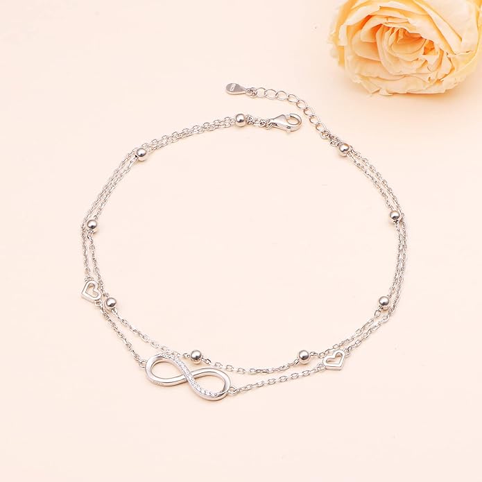 Anklet for Women S925 Sterling Silver Adjustable Foot Evil Eye Starfish Heart Bead Butterfly Celtic Knot Cross Multilayer Layered Ankle Bracelet Jewelry